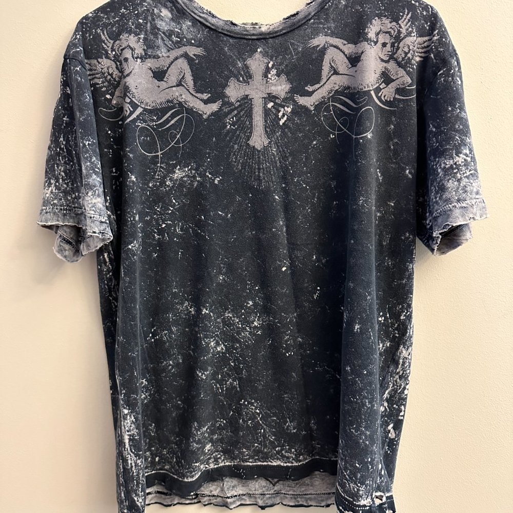 AFFLICTION Vintage Men's T-shirt Size M Short Sleeve Distressed Gray Reversible